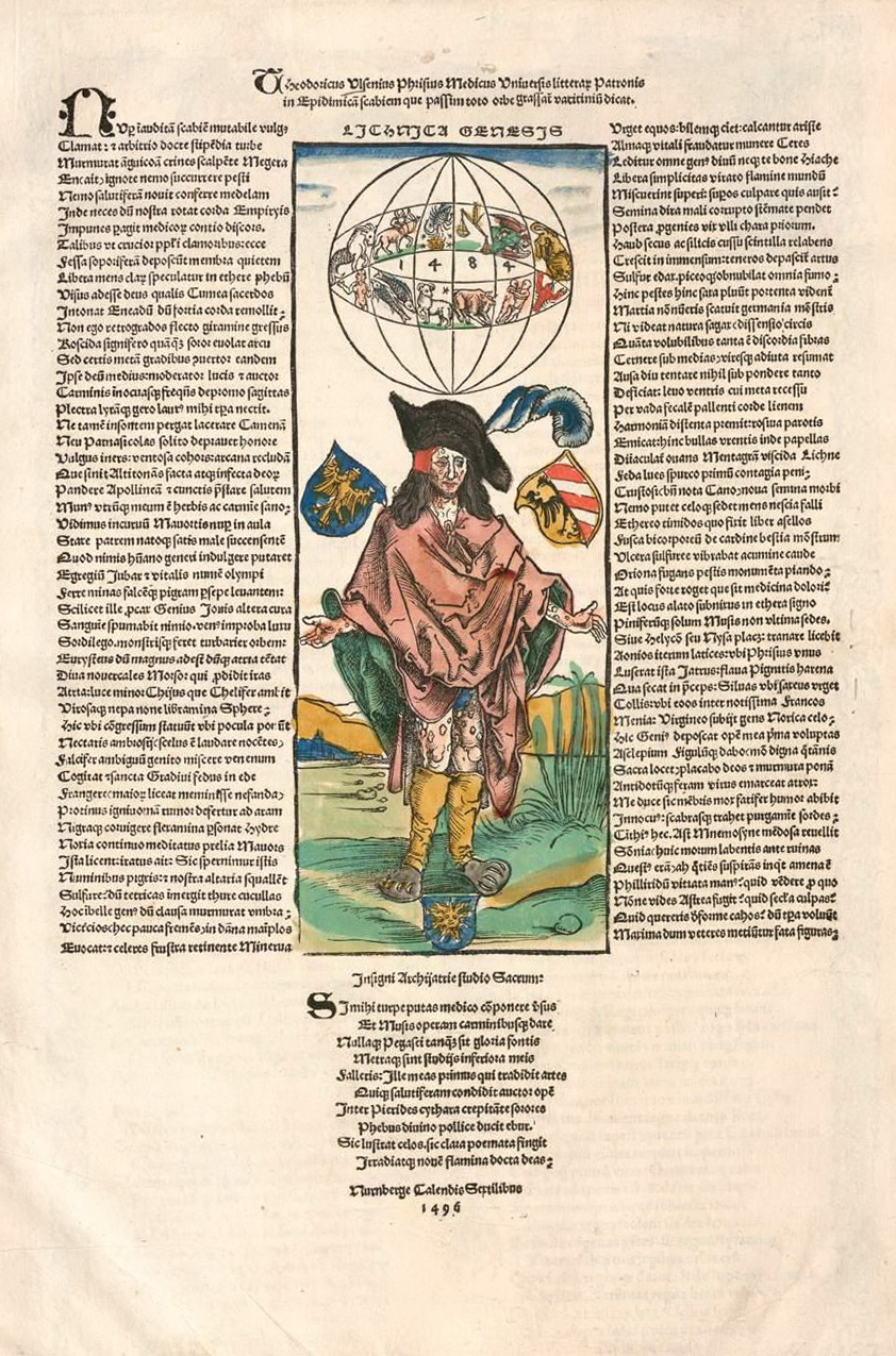 Albrecht Dürer: A vérbajos ember. Fametszet egy vérbajos beteg első, Dürernek tulajdonított ábrázolásával. (Teodericus Ulsenius: Vaticinium in epidemican scabiem. Nürnberg, 1496. ‒ https://wellcomecollection.org/works/pt87tf6m/images?id=b6ddcqsc)