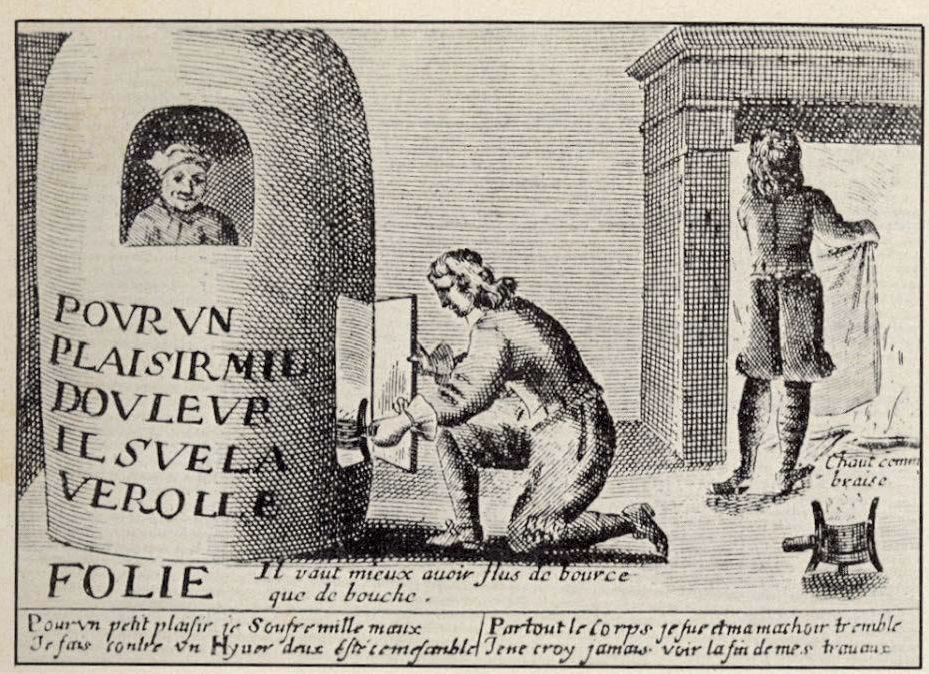 „Egy gyönyörért ezer fájdalom”. Rézmetszet. (Lagniet, Jacques: Receuil des plus illustres proverbs. Párizs, 1659‒1663).