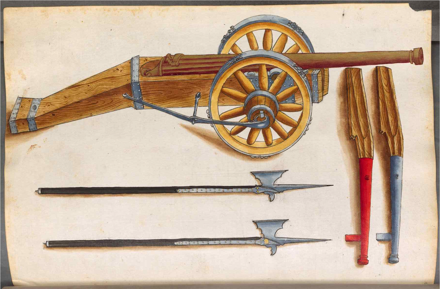 16. századi löveg, szakállas puskák és alabárdok (Forrás: Zeugbuch Kaiser Maximilians I.)