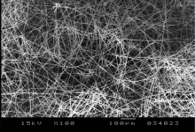 Fenofibrát-ciklodextrin szálas szerkezet pásztázó elektron-mikroszkópos felvétele, a) 100x nagyítás
