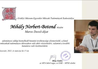 Mihály Norbert-Botond kiemelkedő kutatási tevékenységeiért Maros Dezső-díjban részesült