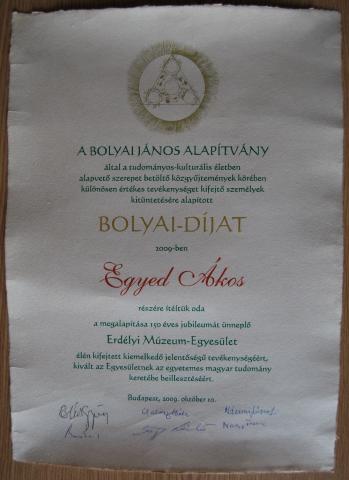 Bolyai díj Egyed Ákos akadémikusnak