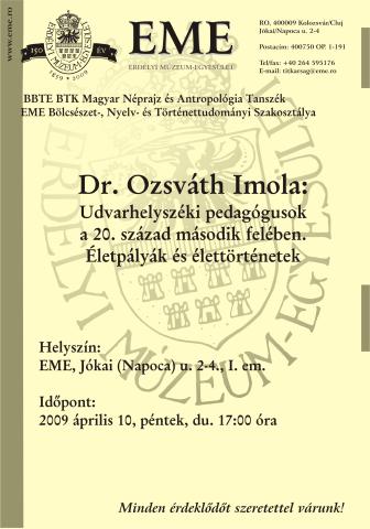 Dr. Ozsváth Imola: Udvarhelyszéki pedagógusok a 20. század második felében.